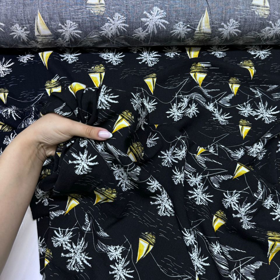 İthal Viskon Kumaş %100 Pamuk Siyah Renk Deniz Temalı Yelkenli