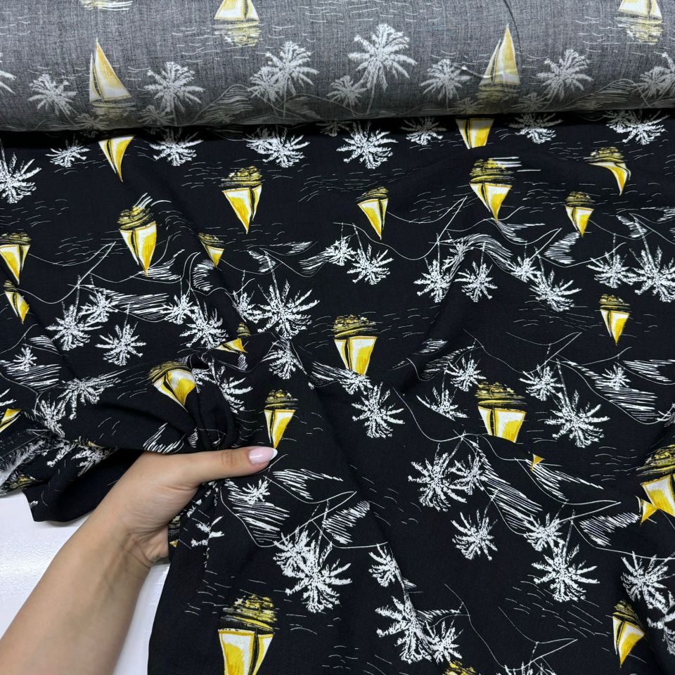 İthal Viskon Kumaş %100 Pamuk Siyah Renk Deniz Temalı Yelkenli