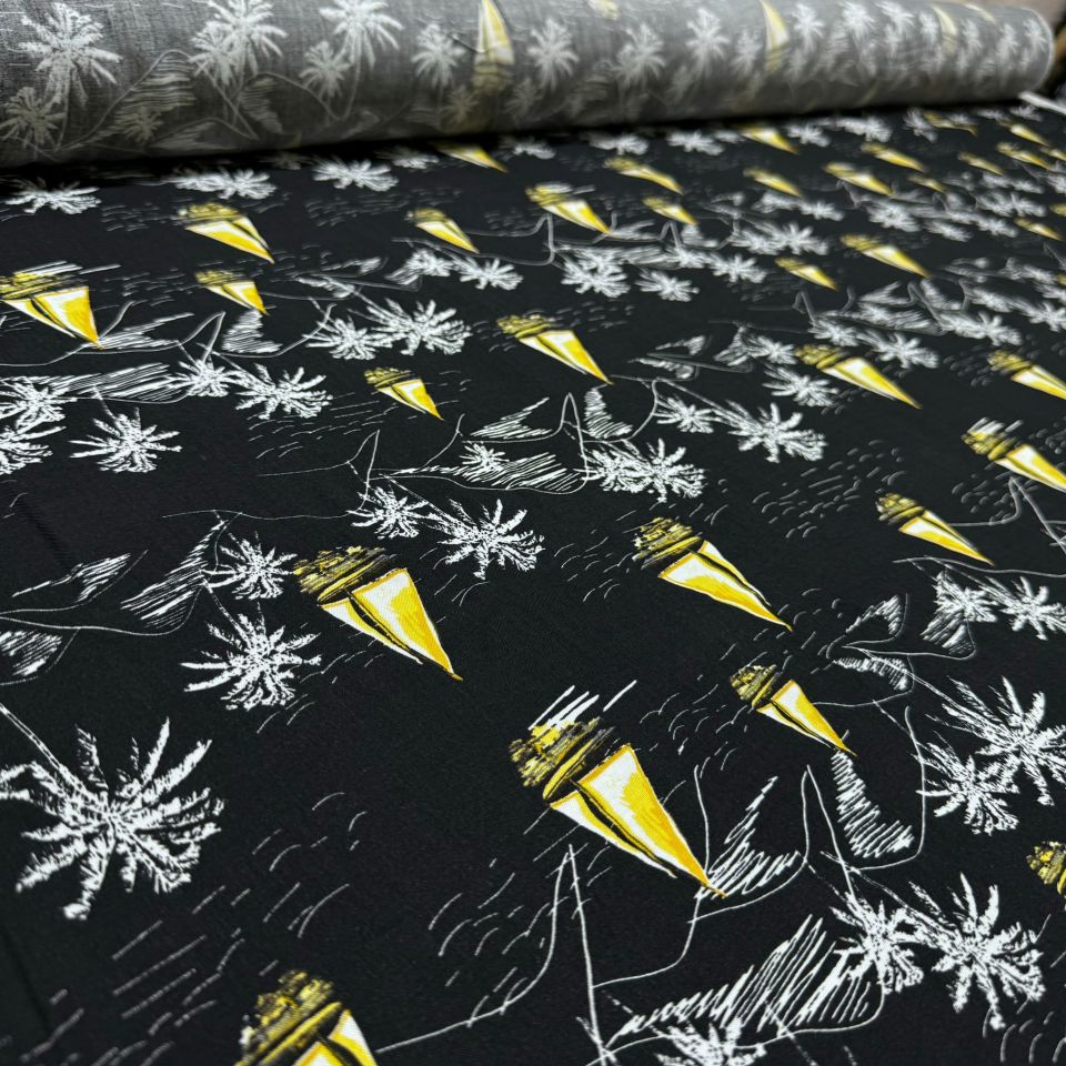 İthal Viskon Kumaş %100 Pamuk Siyah Renk Deniz Temalı Yelkenli