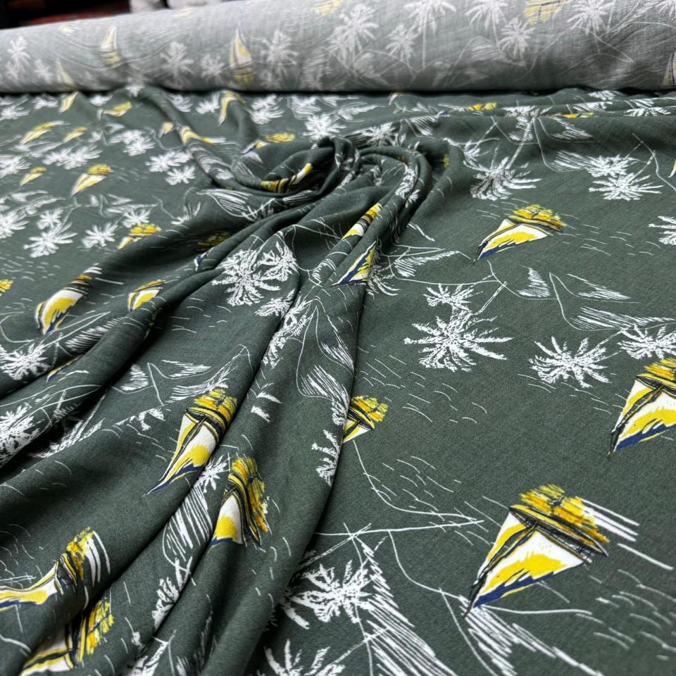 İthal Viskon Kumaş %100 Pamuk Yeşil Renk Deniz Temalı Yelkenli