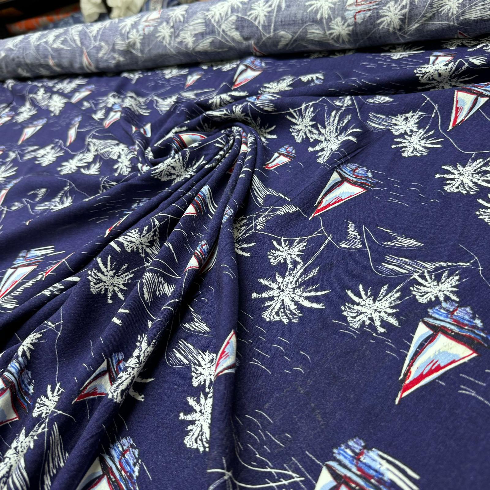 İthal Viskon Kumaş %100 Pamuk Lacivert Renk Deniz Temalı Yelkenli