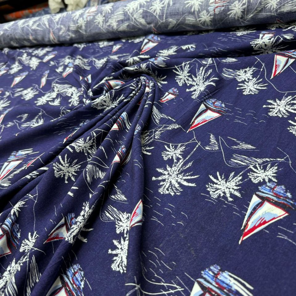 İthal Viskon Kumaş %100 Pamuk Lacivert Renk Deniz Temalı Yelkenli