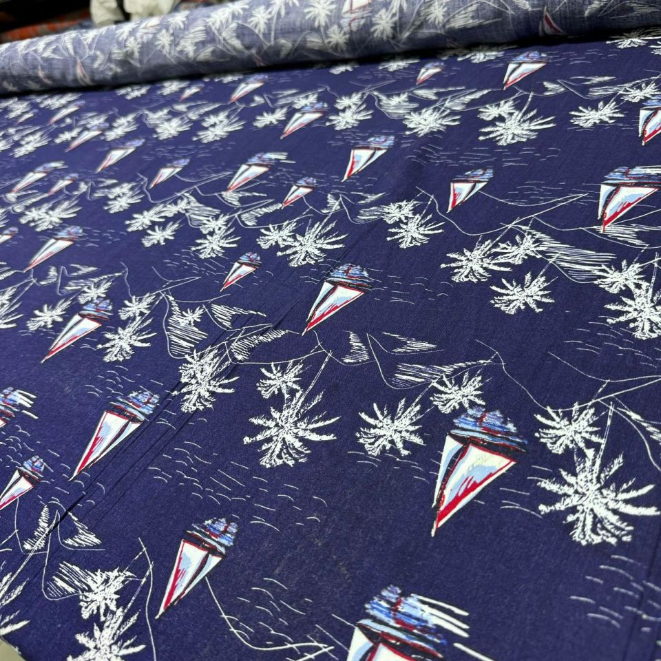 İthal Viskon Kumaş %100 Pamuk Lacivert Renk Deniz Temalı Yelkenli