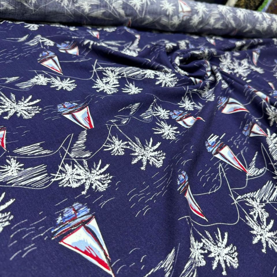 İthal Viskon Kumaş %100 Pamuk Lacivert Renk Deniz Temalı Yelkenli