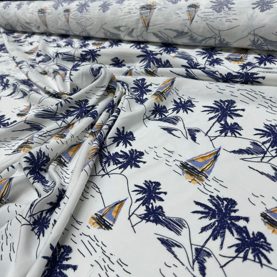 İthal Viskon Kumaş %100 Pamuk Beyaz Renk Deniz Temalı Yelkenli