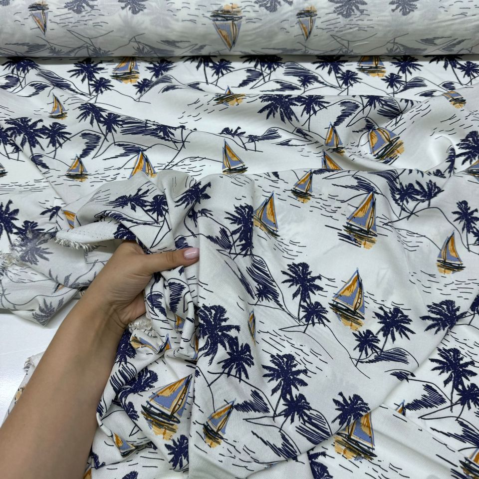 İthal Viskon Kumaş %100 Pamuk Beyaz Renk Deniz Temalı Yelkenli