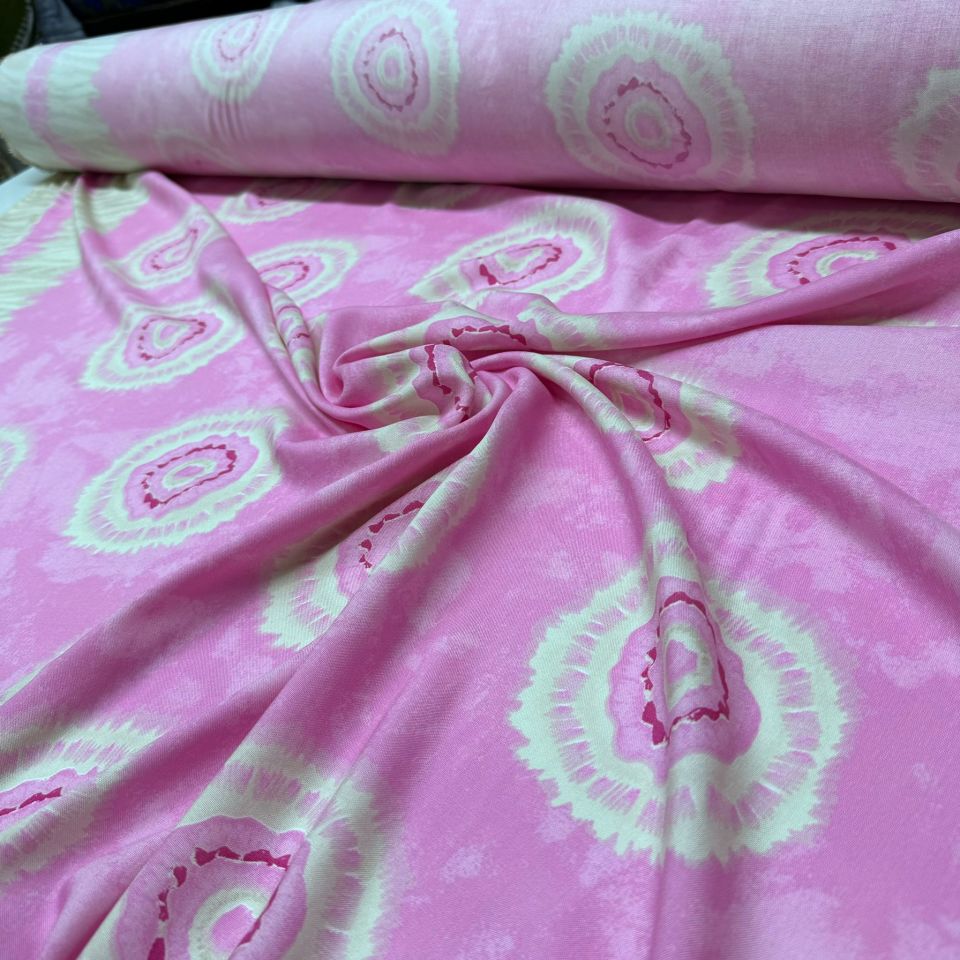 İthal Viskon Kumaş %100 Pamuk Pembe Renkli Yuvarlak Desenli Eteği Sulu