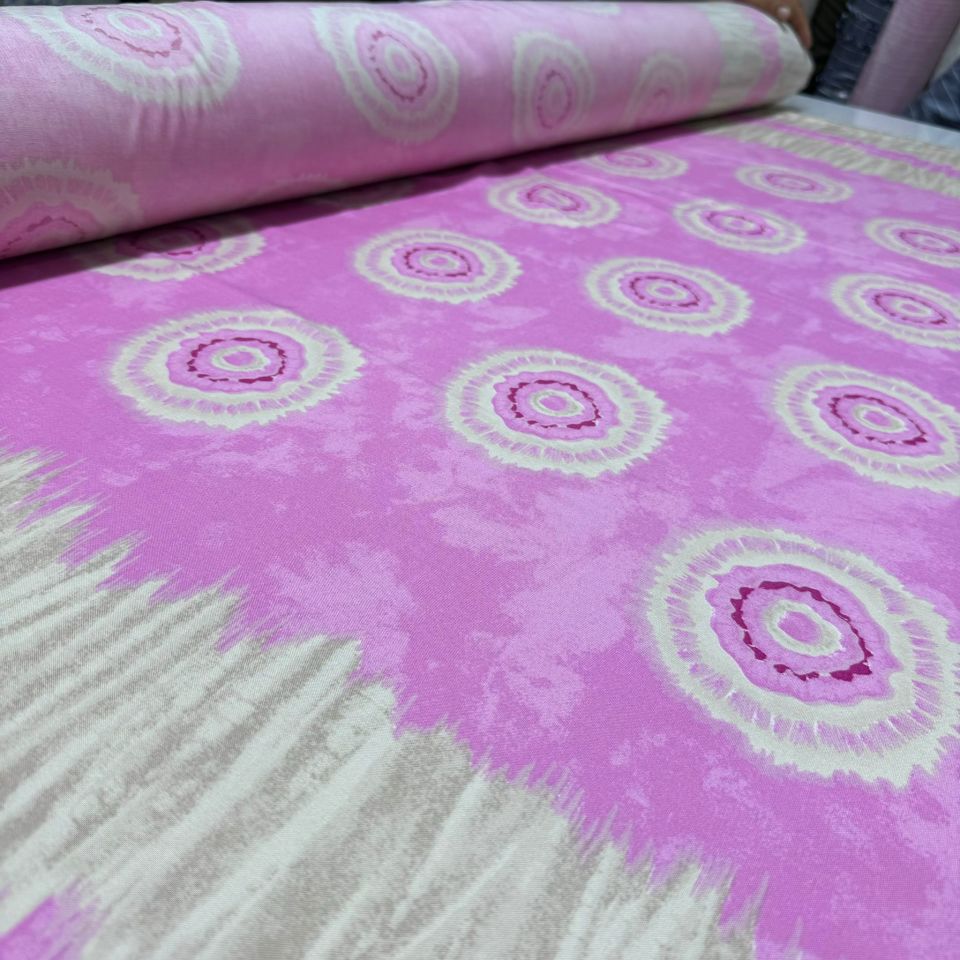 İthal Viskon Kumaş %100 Pamuk Pembe Renkli Yuvarlak Desenli Eteği Sulu