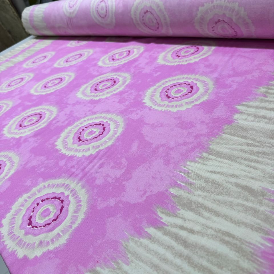 İthal Viskon Kumaş %100 Pamuk Pembe Renkli Yuvarlak Desenli Eteği Sulu