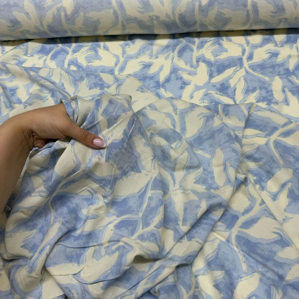 İthal Viskon Kumaş %100 Pamuk Mavi Renk Yaprak Desen