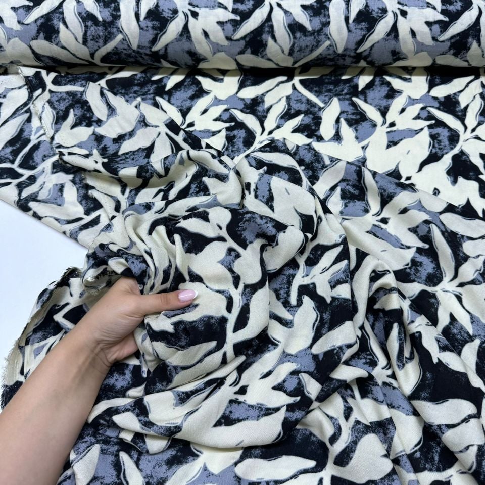 İthal Viskon Kumaş %100 Pamuk Antrasit Renk Yaprak Desen