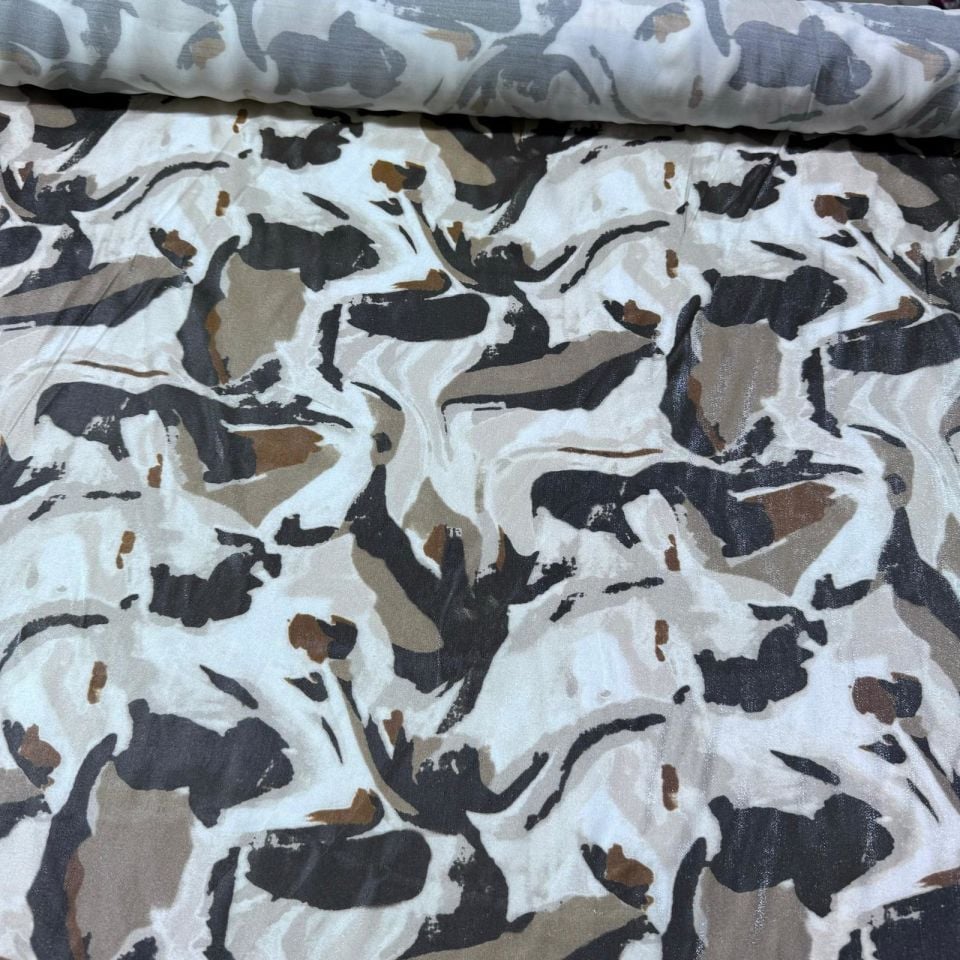 Pamuk Saten Floş Saten Kumaş Parkak Işıltılı Bej Kahverengi Batik Desenli