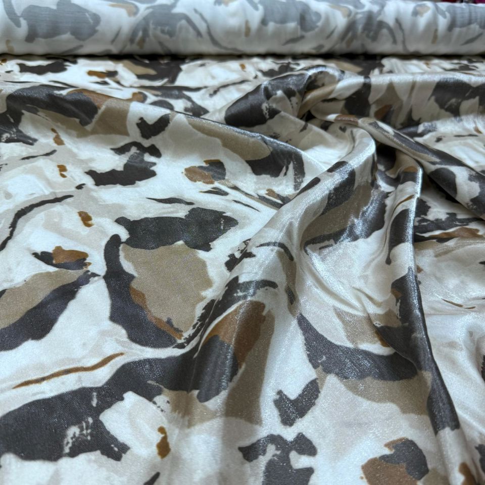 Pamuk Saten Floş Saten Kumaş Parkak Işıltılı Bej Kahverengi Batik Desenli