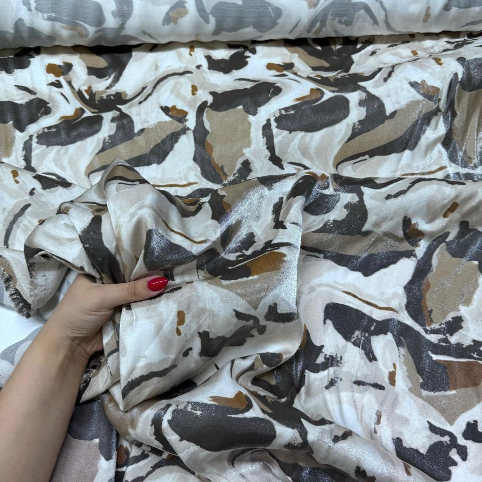 Pamuk Saten Floş Saten Kumaş Parkak Işıltılı Bej Kahverengi Batik Desenli