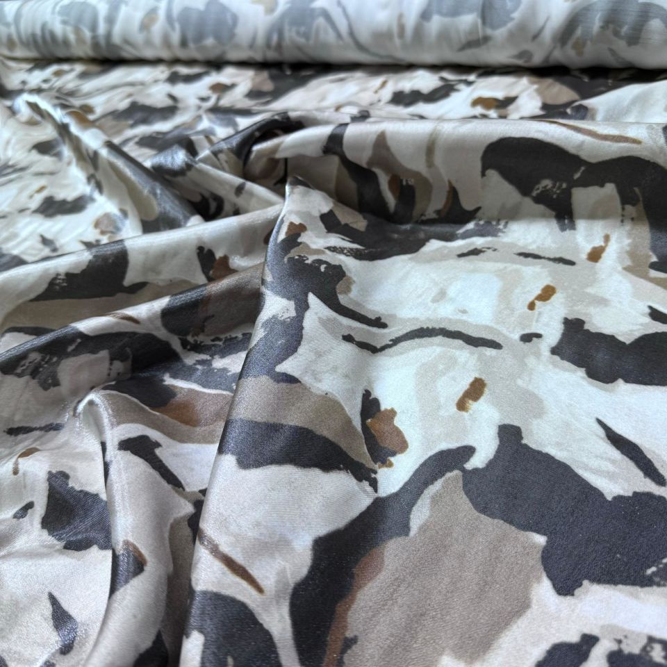 Pamuk Saten Floş Saten Kumaş Parkak Işıltılı Bej Kahverengi Batik Desenli