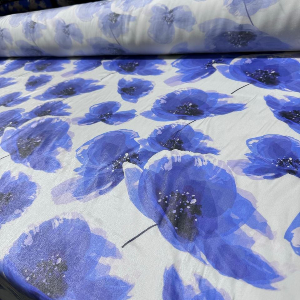 Pamuk Saten Floş Saten Kumaş Parlak Işıltılı Canlı Mavi Çiçek Desenli