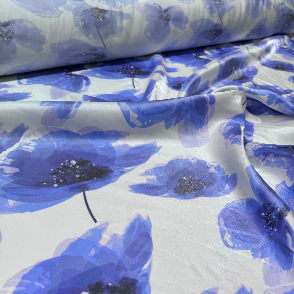 Pamuk Saten Floş Saten Kumaş Parlak Işıltılı Canlı Mavi Çiçek Desenli