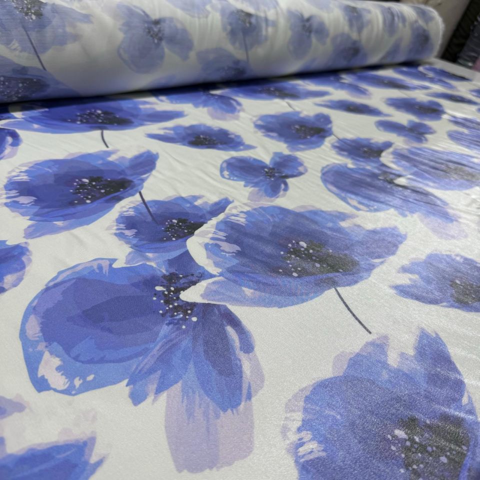 Pamuk Saten Floş Saten Kumaş Parlak Işıltılı Canlı Mavi Çiçek Desenli