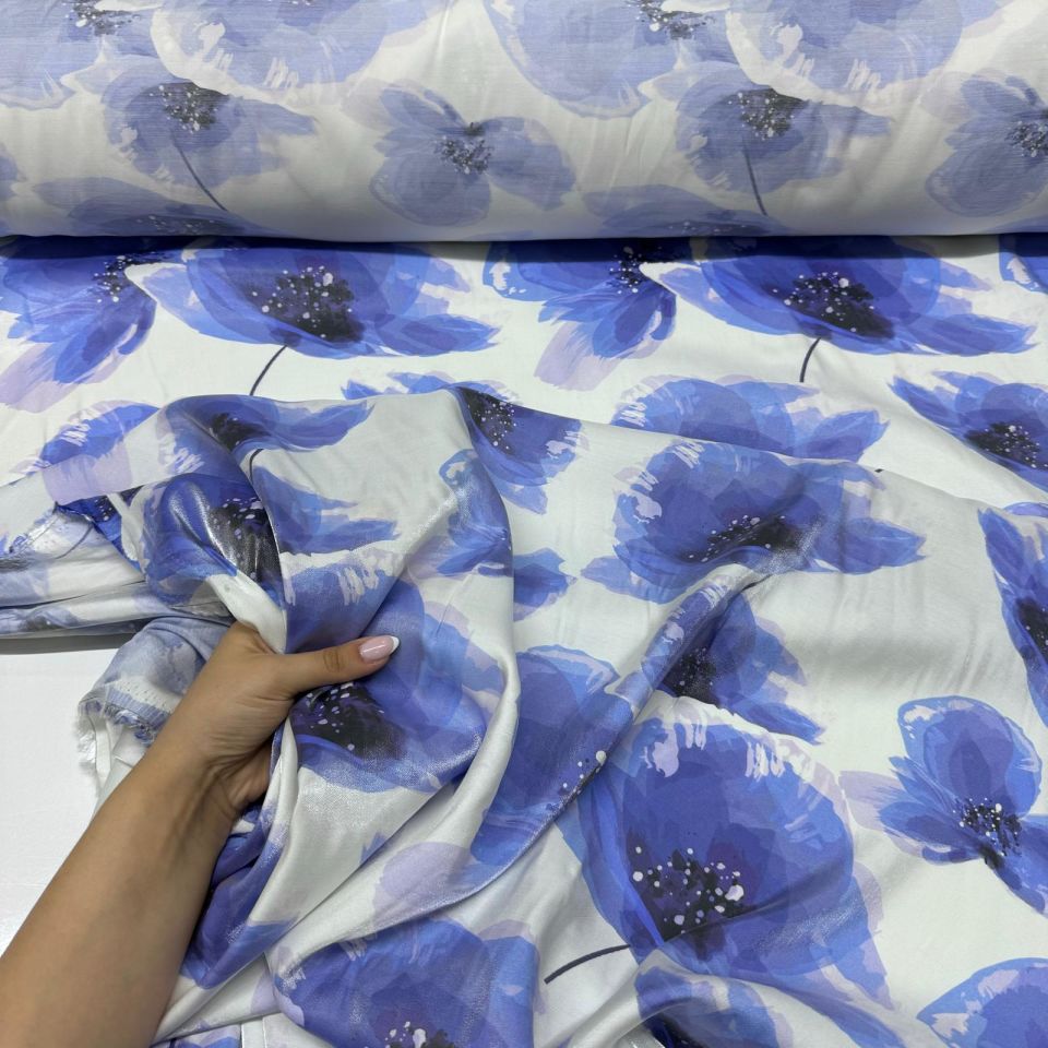 Pamuk Saten Floş Saten Kumaş Parlak Işıltılı Canlı Mavi Çiçek Desenli