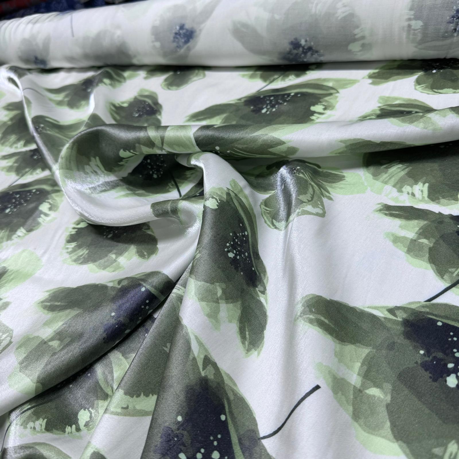 Pamuk Saten Floş Saten Kumaş Parlak Işıltılı Canlı Yeşil Çiçek Desenli