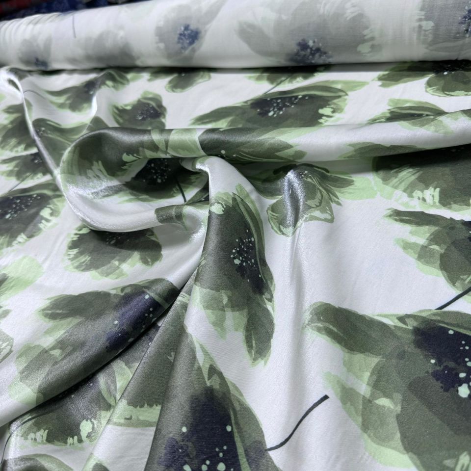 Pamuk Saten Floş Saten Kumaş Parlak Işıltılı Canlı Yeşil Çiçek Desenli