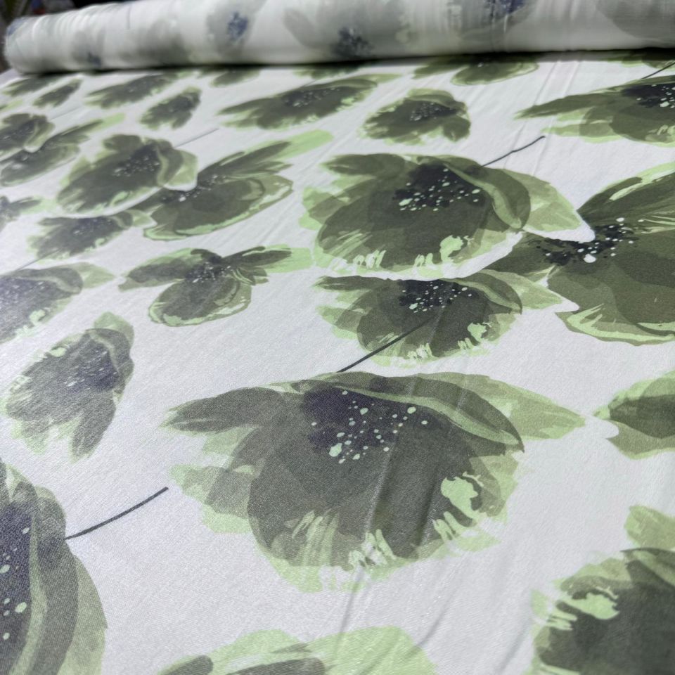 Pamuk Saten Floş Saten Kumaş Parlak Işıltılı Canlı Yeşil Çiçek Desenli