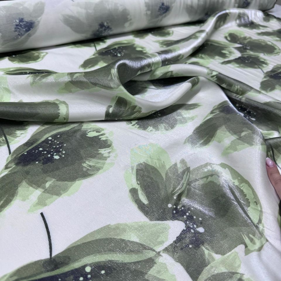 Pamuk Saten Floş Saten Kumaş Parlak Işıltılı Canlı Yeşil Çiçek Desenli