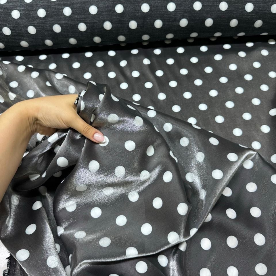 Pamuk Saten Floş Saten Kumaş Siyah Beyaz Puantiyeli Parlak Işıltılı Çift En