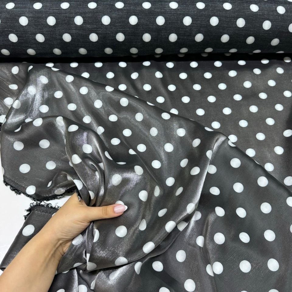 Pamuk Saten Floş Saten Kumaş Siyah Beyaz Puantiyeli Parlak Işıltılı Çift En