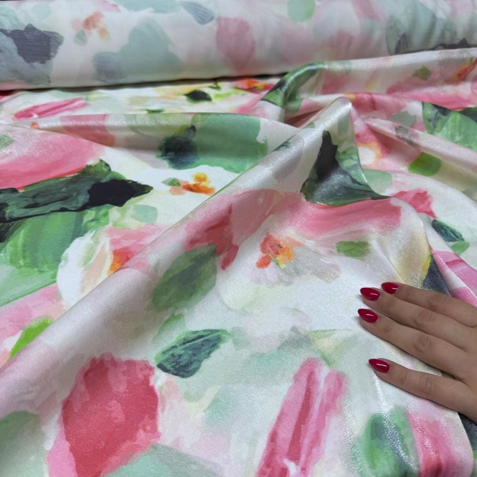 Floş Saten Kumaş Parlak Işıltılı Çift En Pembe Çiçek Desenli