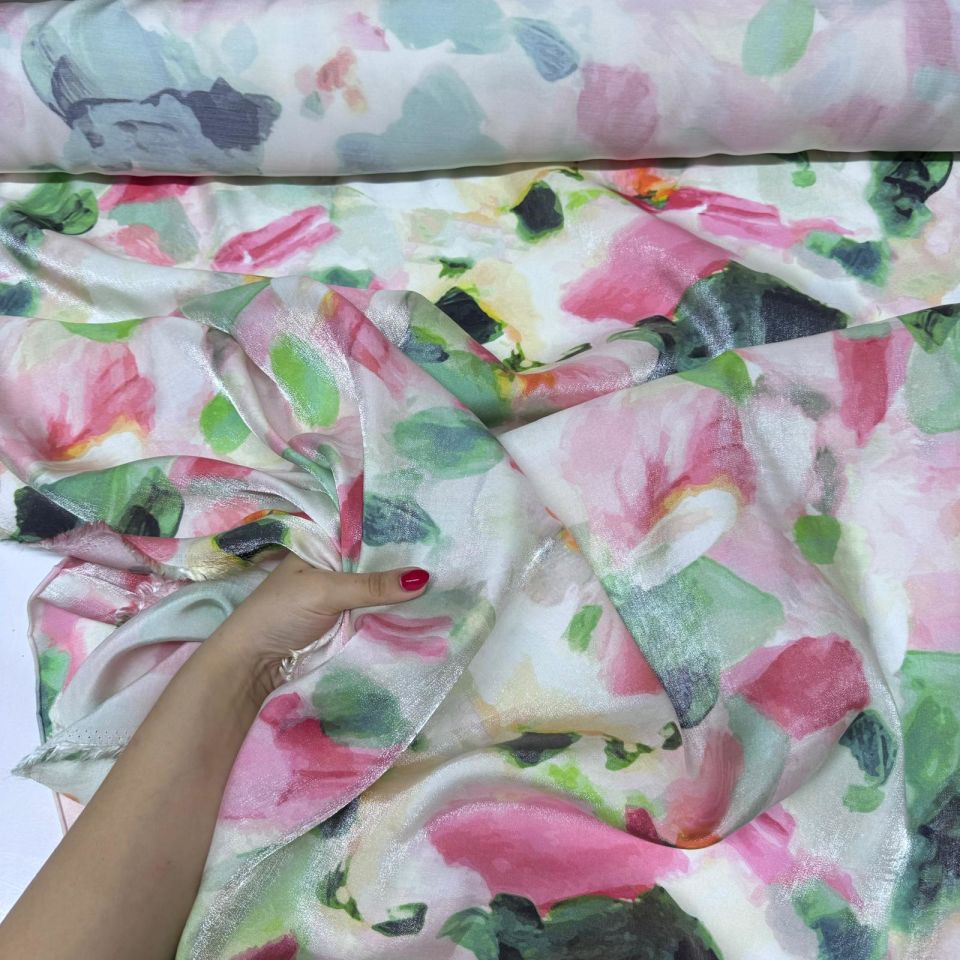 Floş Saten Kumaş Parlak Işıltılı Çift En Pembe Çiçek Desenli