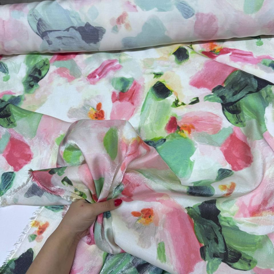 Floş Saten Kumaş Parlak Işıltılı Çift En Pembe Çiçek Desenli