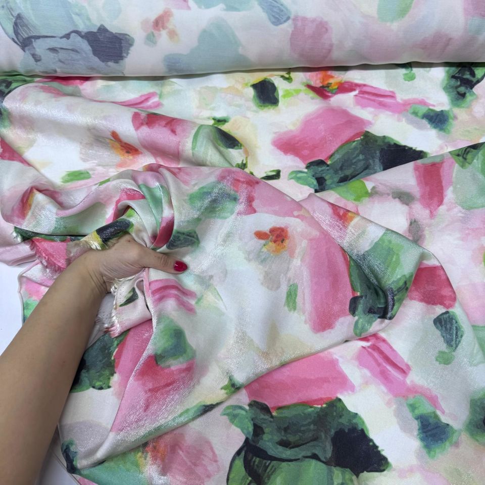 Floş Saten Kumaş Parlak Işıltılı Çift En Pembe Çiçek Desenli