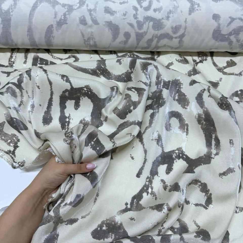 Pamuk Saten Floş Saten Kumaş Krem Bej Etnik Desenli Motifli Işıltılı Parlak