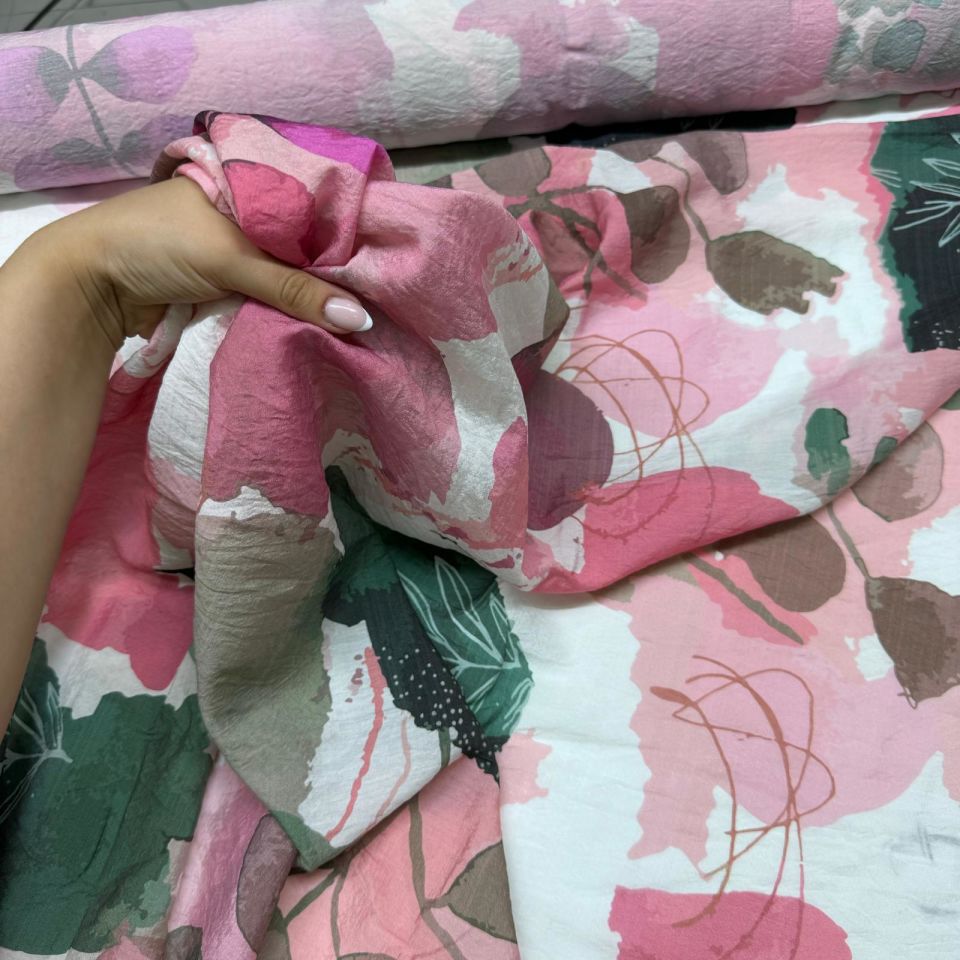 İpek Bambu Şifon Kumaş Çift En Pembe Renk Desenli