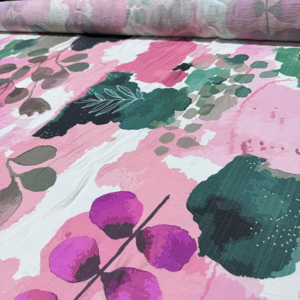 İpek Bambu Şifon Kumaş Çift En Pembe Renk Desenli