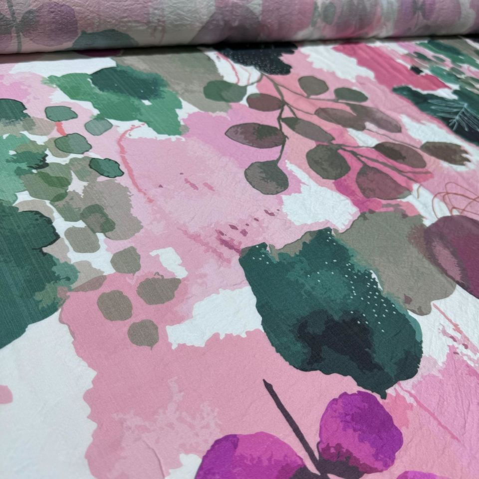 İpek Bambu Şifon Kumaş Çift En Pembe Renk Desenli