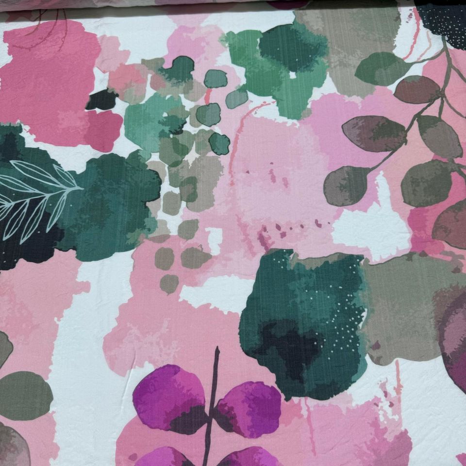 İpek Bambu Şifon Kumaş Çift En Pembe Renk Desenli