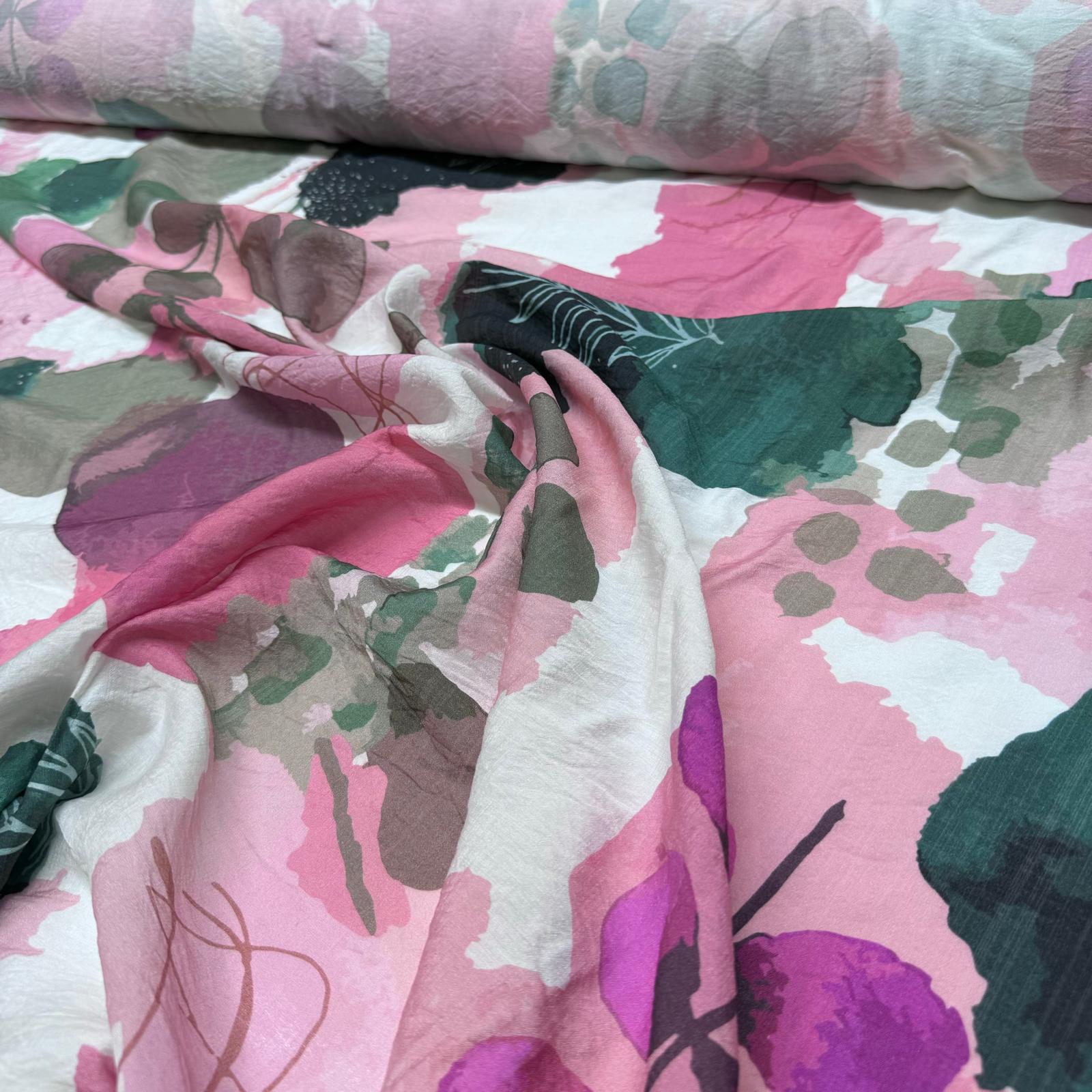 İpek Bambu Şifon Kumaş Çift En Pembe Renk Desenli