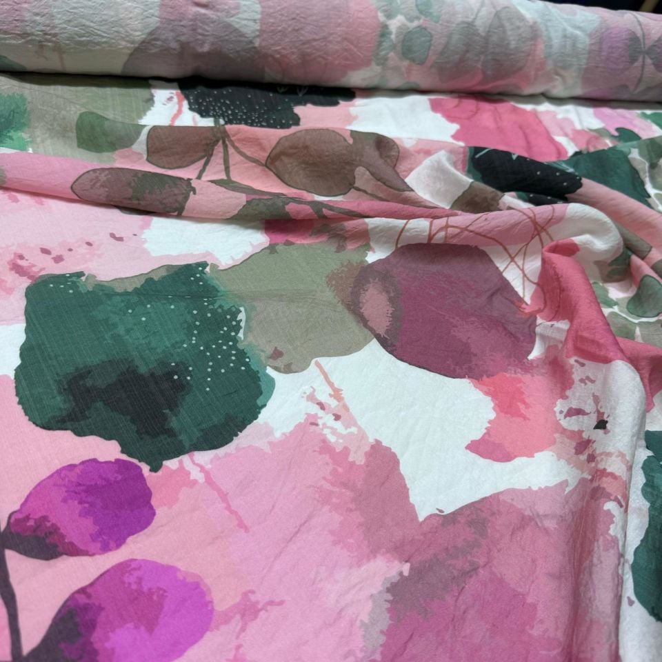 İpek Bambu Şifon Kumaş Çift En Pembe Renk Desenli