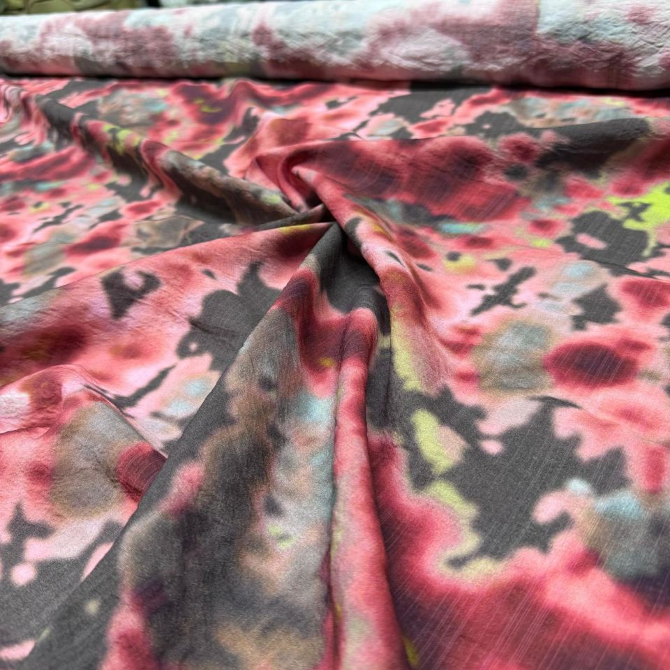 İpek Bambu Şifon Kumaş Batik Desenli Çift En Bordo Renk