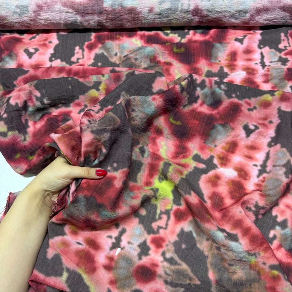 İpek Bambu Şifon Kumaş Batik Desenli Çift En Bordo Renk