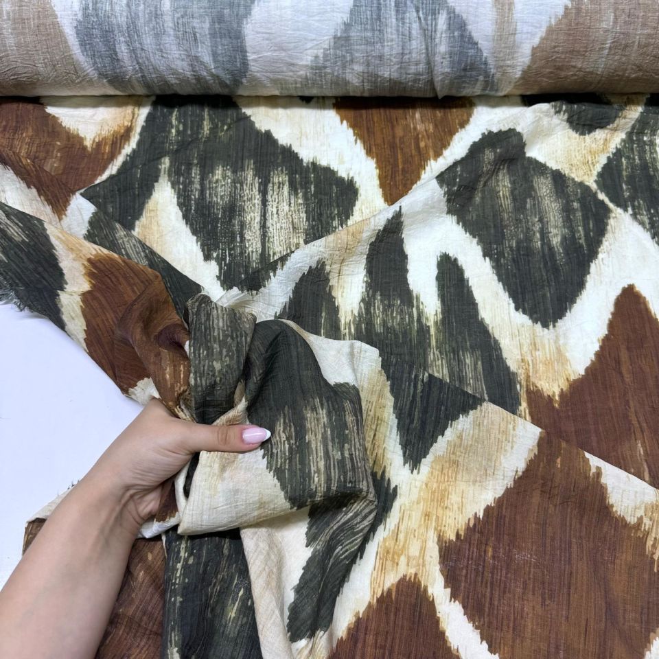 İpek Bambu Şifon Mango Kumaş Çift En Geometrik Desenli Taba Renk