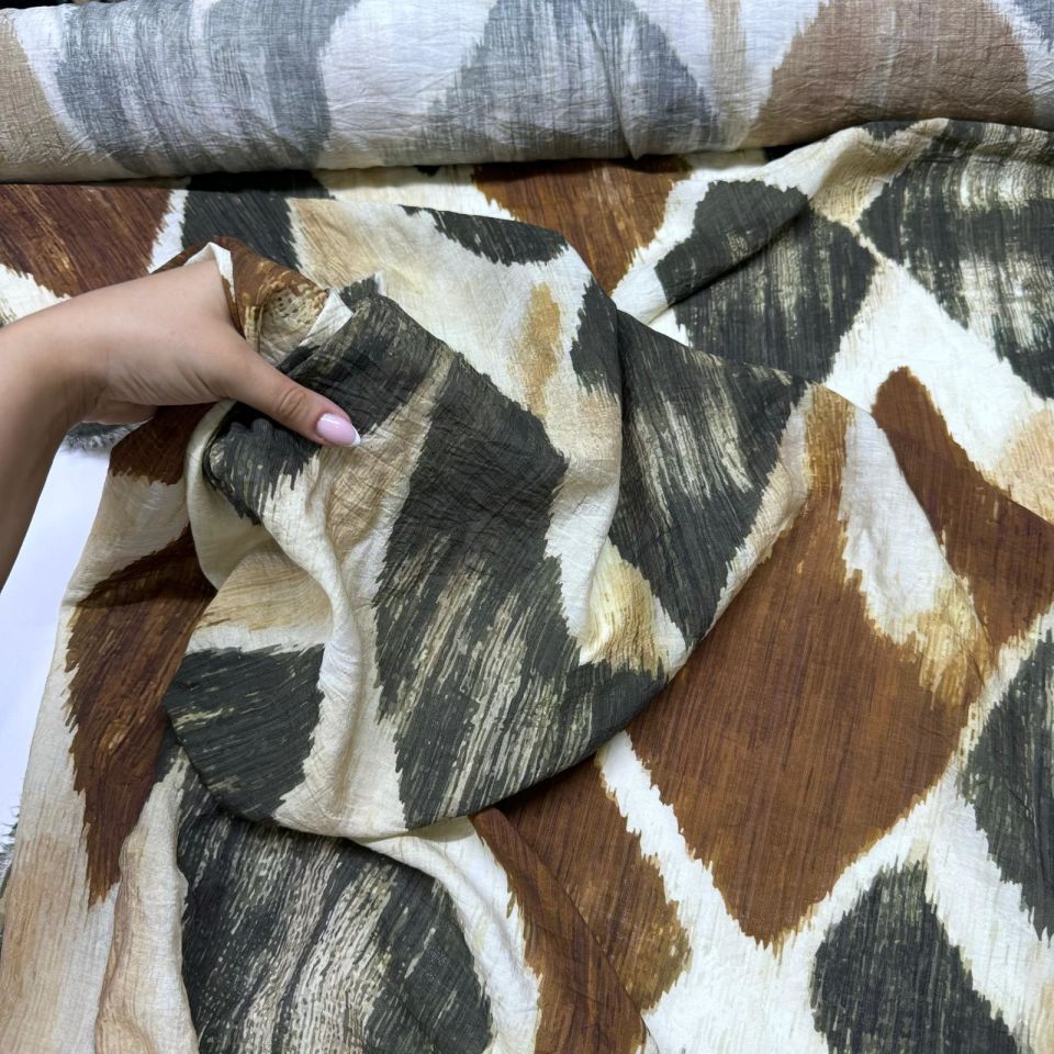 İpek Bambu Şifon Mango Kumaş Çift En Geometrik Desenli Taba Renk