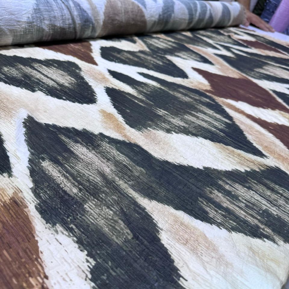 İpek Bambu Şifon Mango Kumaş Çift En Geometrik Desenli Taba Renk