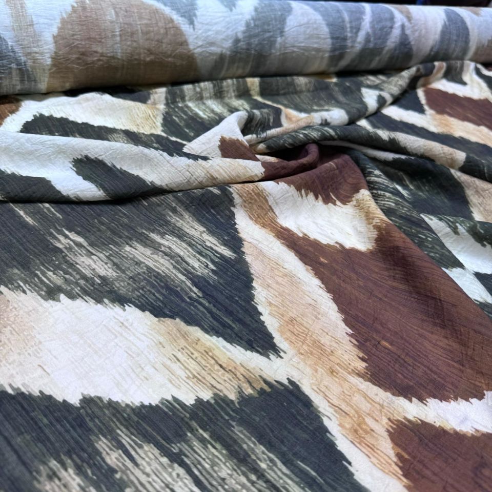 İpek Bambu Şifon Mango Kumaş Çift En Geometrik Desenli Taba Renk