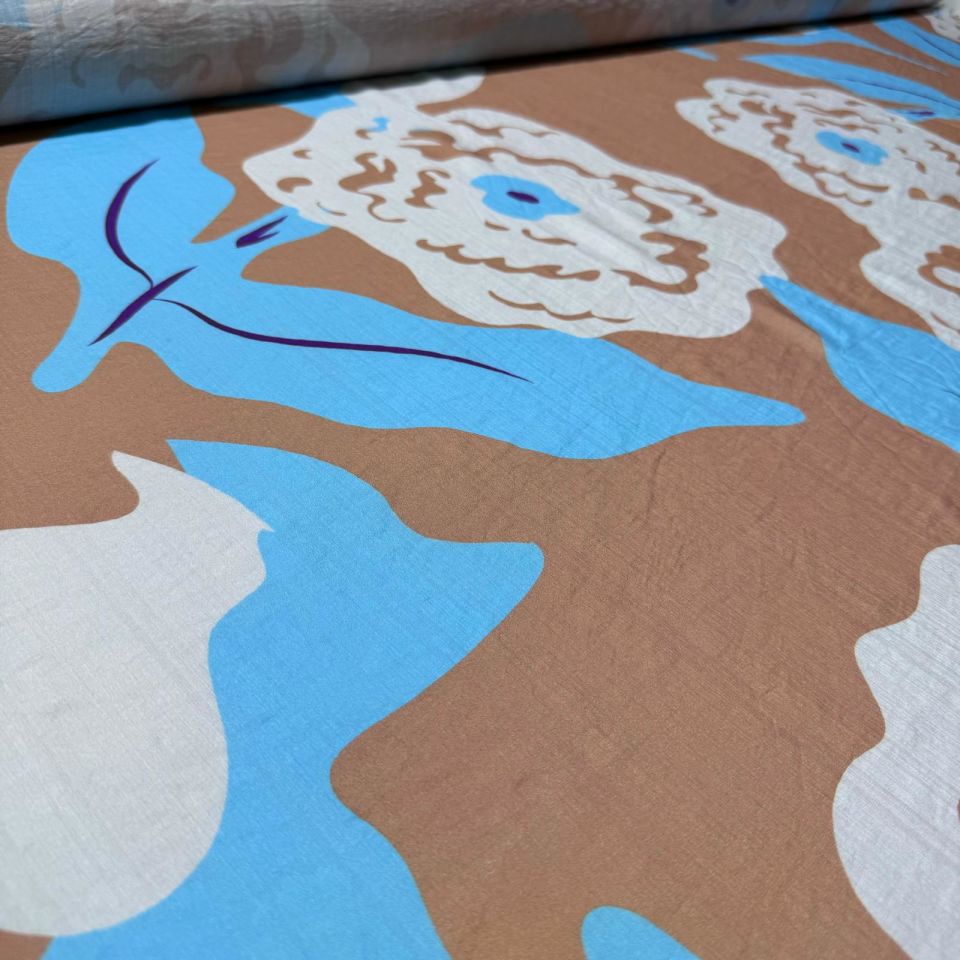 İpek Bambu Mango Şifon Kumaş Çift En Mavi Çiçek Desenli