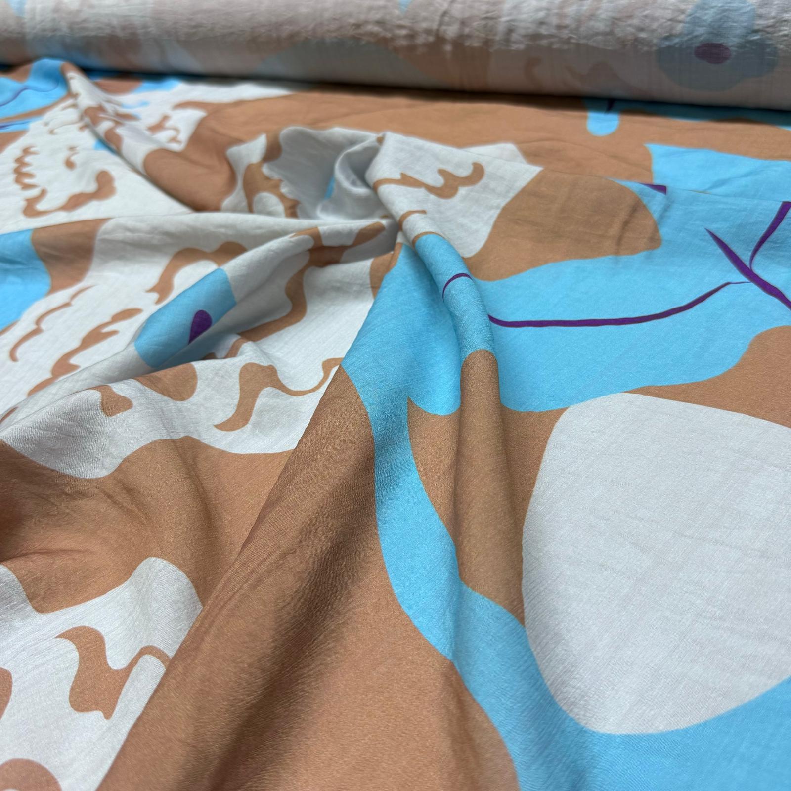 İpek Bambu Mango Şifon Kumaş Çift En Mavi Çiçek Desenli