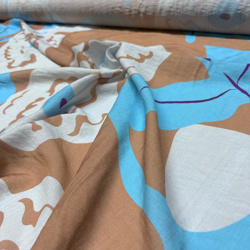 İpek Bambu Mango Şifon Kumaş Çift En Mavi Çiçek Desenli