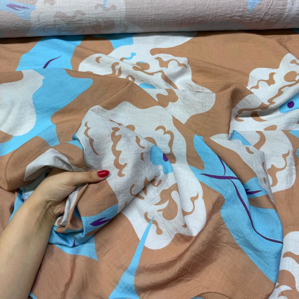 İpek Bambu Mango Şifon Kumaş Çift En Mavi Çiçek Desenli